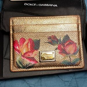 Dolce & Gabbana Gold leather and painted cardholder. Flower painting details